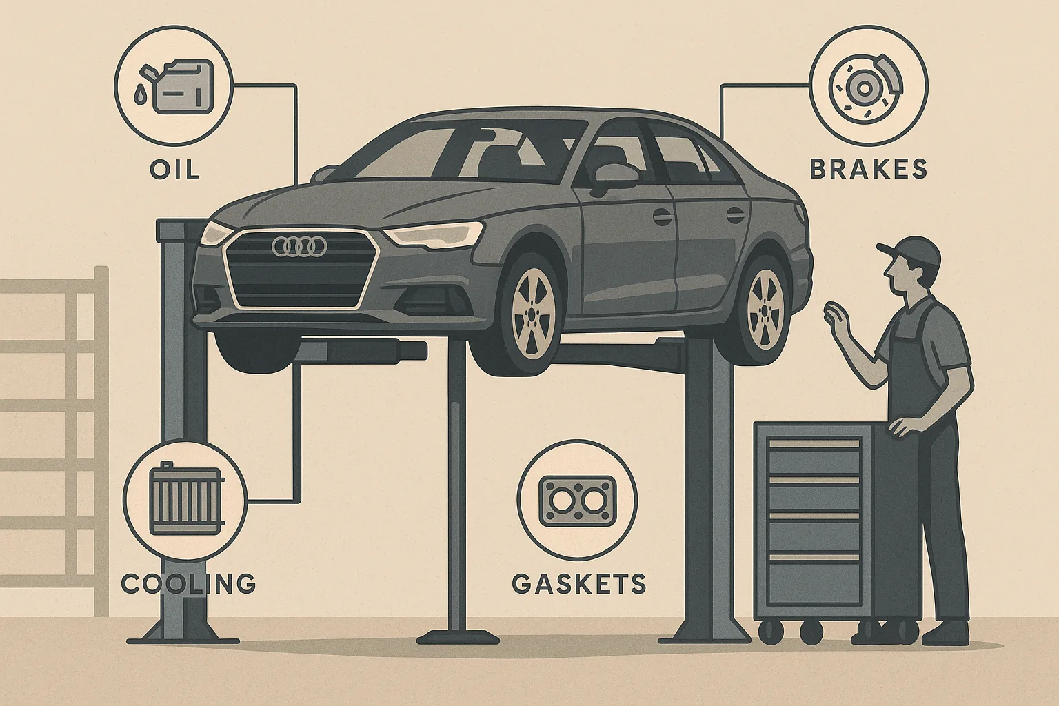 Illustration of an Audi on a lift with labeled service points for oil, brakes, cooling, and gaskets at a Hermosa Beach independent specialist
