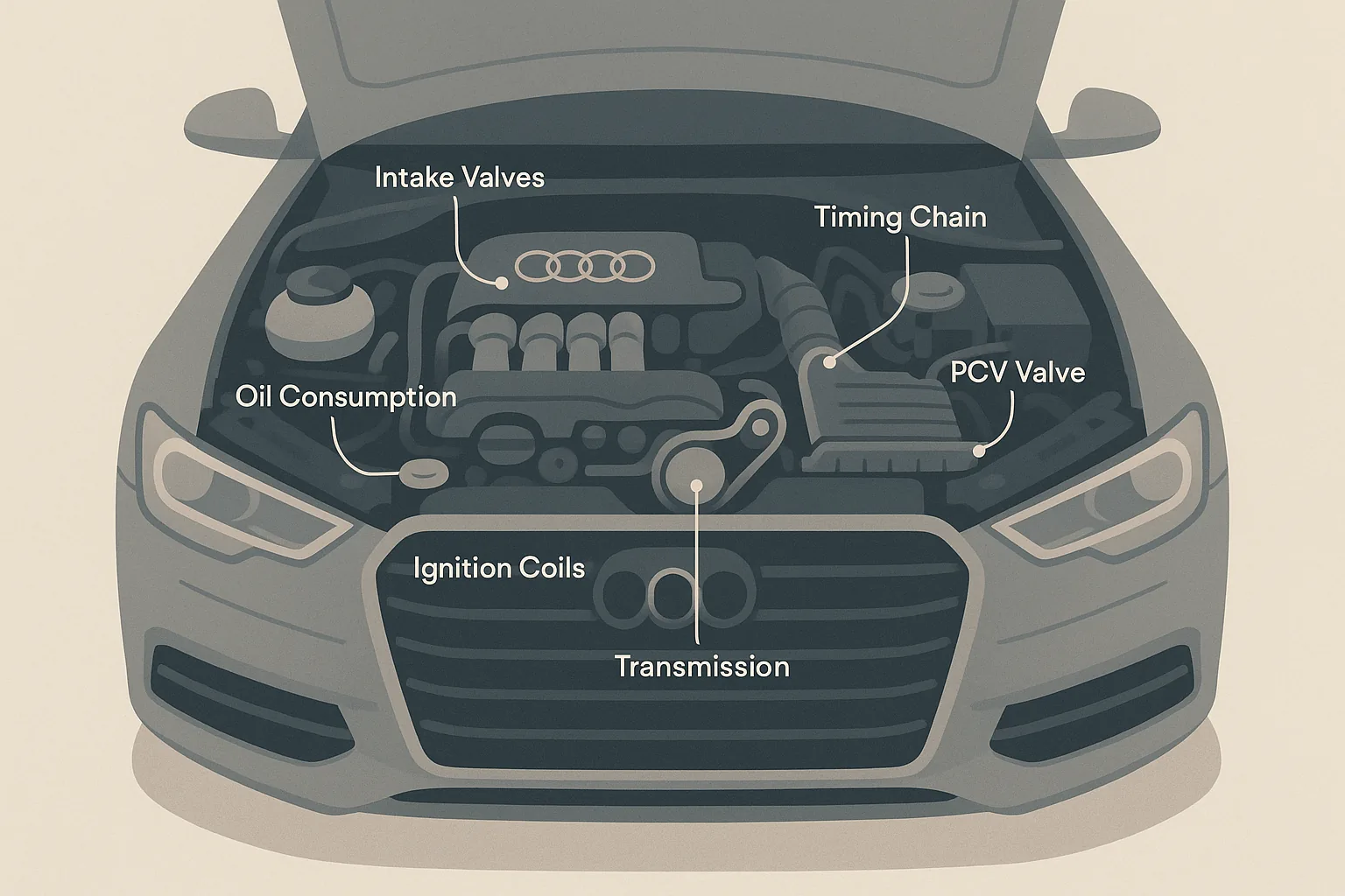 Illustration of an Audi engine bay with the seven most common problem areas labeled: intake valves, oil consumption, timing chain, water pump, ignition coils, PCV valve, and transmission